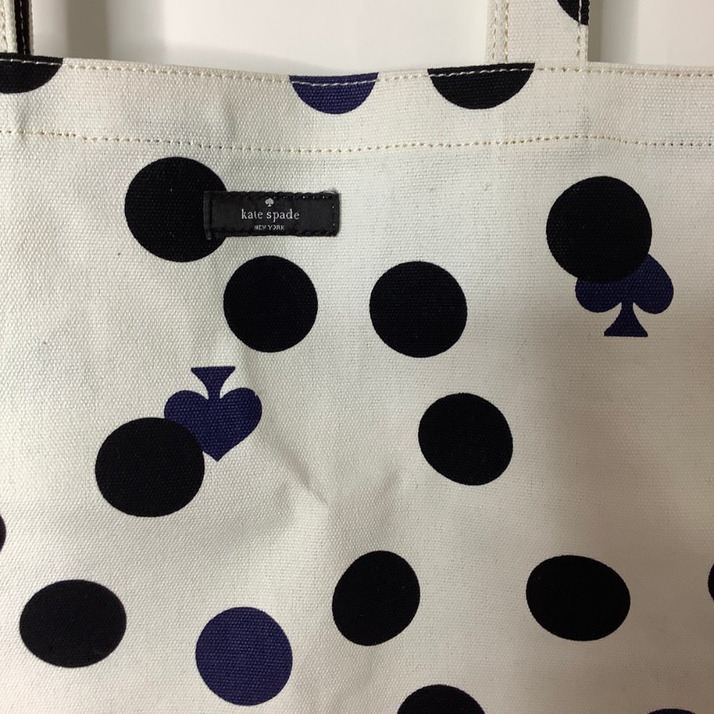 KATE SPADE NY Canvas Tote Bag White Black Polka Dots Shopping Bag - Picture 3 of 5